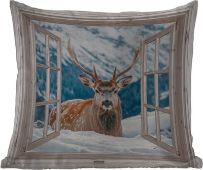 Tuinkussen - Hert - Winterlandschap - Natuur - Dieren - Doorkijk - Bergen - 40x40 cm - Weerbestendig