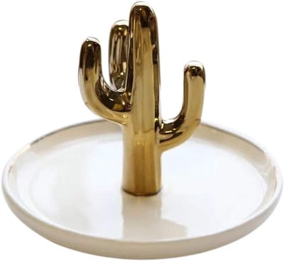 Sieradenhouder Cactus - Opberger Ringen - Sieraden Presenteren - Keramisch Materiaal - 10.5 cm - Goud Wit