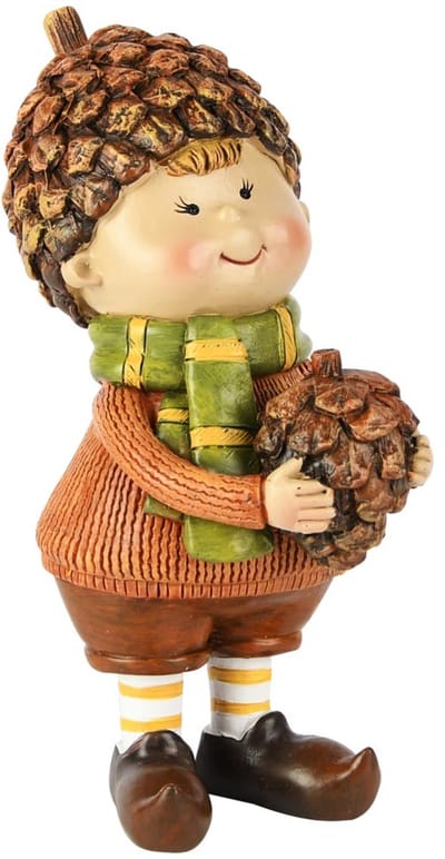 Dekoratief | Herfstkindje staand m/dennenappel, bruin/groen, resina, 7x7x15cm | A255266
