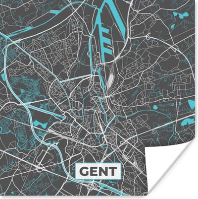 Poster België – Gent – Stadskaart – Kaart – Blauw – Plattegrond - 100x100 cm XXL