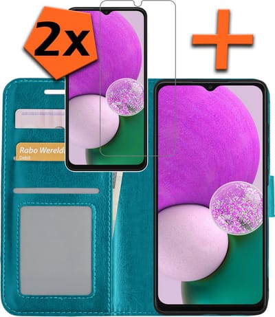 Hoes - Met 2x Screenprotector - Geschikt voor Samsung Galaxy A13 5G - Luxe Pasjeshouder - Bookcase Portemonee - Flip Case - Kunstleer Book Case - Flipcase Hoes - Book Cover - Walletcase - PortemonneeHoes - Turquoise