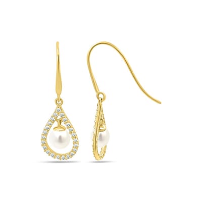 New Bling 9NBSAM-G230282 Gouden Oorhangers met Parel en Zirkonia - Druppel 12x8mm - Parel 4mm - 24mm Totaal Lengte - 14 Karaat - Goud