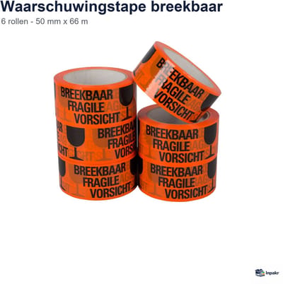 Inpakr Waarschuwingstape Breekbaar 6 rollen - 50 mm x 66 m - 32 micron - Oranje