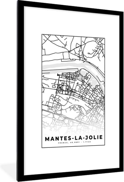 Fotolijst incl. Poster Zwart Wit- Frankrijk - Plattegrond - Stadskaart - Kaart - Mantes-la-Jolie - Zwart wit - 80x120 cm - Posterlijst