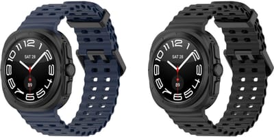 Strap-it Bundel van 2 Siliconen Ocean Bandjes - Geschikt voor Samsung Galaxy Watch Ultra / Ultra 2025 - Zwart & Donkerblauw - Sportbandje - Sportarmband - Siliconen Band - Ocean Bandje - Waterbestendig & zweetbestendig
