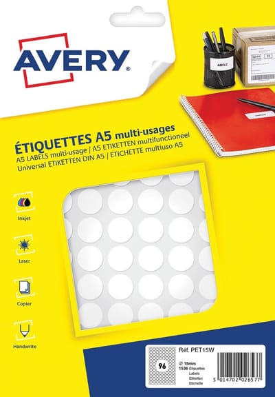 Etiket Avery A5 15mm rond     blister 168st wit