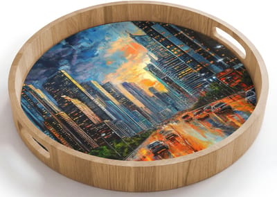 Dienblad rond 40x40 cm - Schootdienblad hout - Auto - Skyline - Zon - Blauw - Borrelplank rechthoek - Plateau houten dienbladen