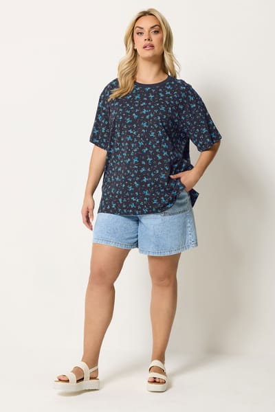 Yours Marineblauw Tshirt Met Ditsy Bloemenprint Size 42