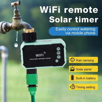 Programmateur d'arrosage, Minuteur d'eau WiFi Solaire avec Contrôle à Distance par Application, Capteur de Pluie, Panneau Réglable, Automatique Extérieur