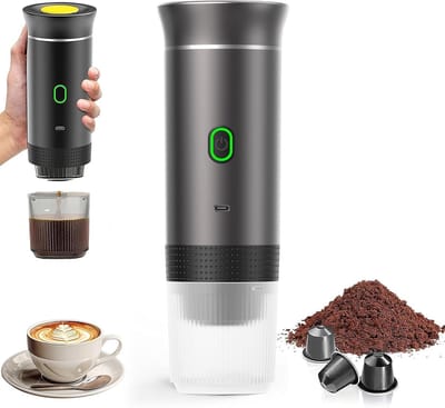 Draagbaar Koffiezetapparaat voor Onderweg - Draadloos voor in de Auto - 12 Volt - Espresso - Capsule Koffie - Oploskoffie - Cups - Oplaadbaar - black