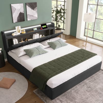 VVBV Gestoffeerd Opbergbed 140x200 cm met Houten Lattenbodem, Opberghoofdbord - Lattenbodem - Hout Grijs - Zonder Matras