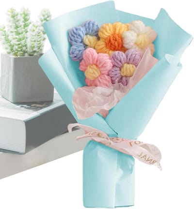 Handgemaakt Boeket - Gebreide Bloemen - Decoratief Ornament - Duurzaam Materiaal - 4.7x14.3x4.7 cm - Blauw