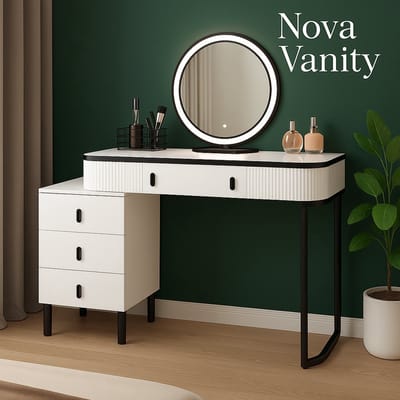Nova Vanity Kaptafel met LED Spiegel – Moderne Make-up Tafel met Lade en Opbergruimte – Witte Schminktafel voor Slaapkamer