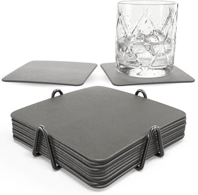 Castagnola Kunstlederen Onderzetters – Onderzetters voor Glazen – Design Onderzetters met Houder – Leren Onderzettersset met metalen houder – Leder – Set van 10 - Grijs - 10x10cm
