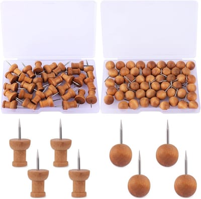 Houten Duimspijkers - Decoratieve Prikkers - Documenten Bevestigen - Stevige Stalen Naald - 80 Stuks - Bruin