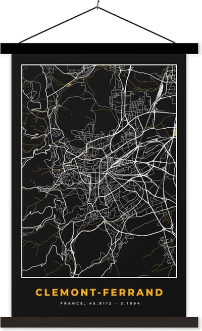 Posterhanger incl. Poster 40x60 cm - Schoolplaat - Kaart - Frankrijk - Plattegrond - Clemont-Ferrand - Stadskaart - Textielposter - Zwarte latten - Stadskaart