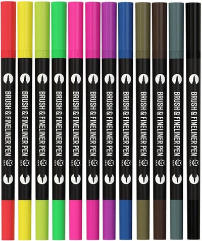 Napi Twinmarkers 12st - Stiften voor Volwassenen - Dubbelzijdige Brushpennen - Fineliners Kleur - Handlettering - Bullet Journal Accessoires - Brush Pennen Aquarel - Markers Kinderen - Markeerstiften Incl. 2 Mandala Sjablonen