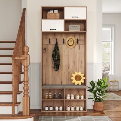 MODFU - Garderobeset - Met Zitbank, 5 Haken En Open Vakken - Modern - Voor Hal - Spaanplaat - Naturel En Wit - 80 x 185 x 35 cm