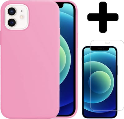 Hoesje - Met Screenprotector - Geschikt voor Apple iPhone 12 - Sterk & Shockproof - Telefoon Hoes - Back Cover - Siliconen Case - Telefoonhoes - Lichtroze