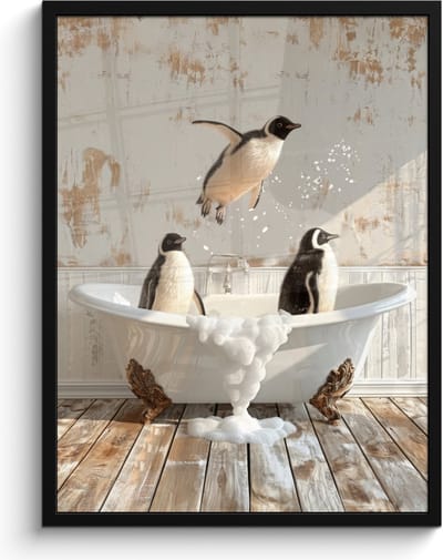 Poster in lijst - Fotolijst 60x80 cm - Posters - Vintage - Pinguïn - Badkuip - Schuim - Posterlijst zwart - Wanddecoratie badkamer - Muurdecoratie WC - Decoratieve accessoires - Toilet muur decoratie