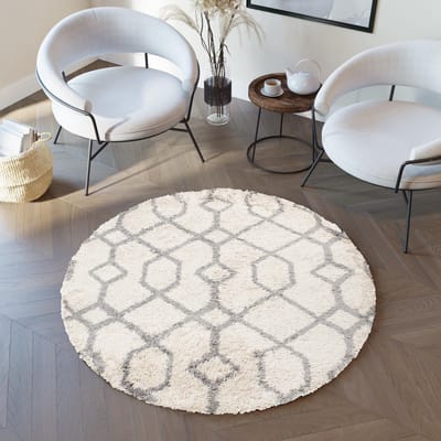 Tapiso Boho Vloerkleed Rond Beige Grijs Shaggy Bohemian Aztec Duurzaam Slaapkamer Woonkamer Hal Maat- 200x200