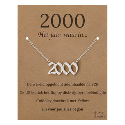 Jaartal 2000 Ketting op Cadeau Kaartje - Zilverkleurig Stainless Steel - 45cm - Met informatie over geboortejaar - Pax Amare