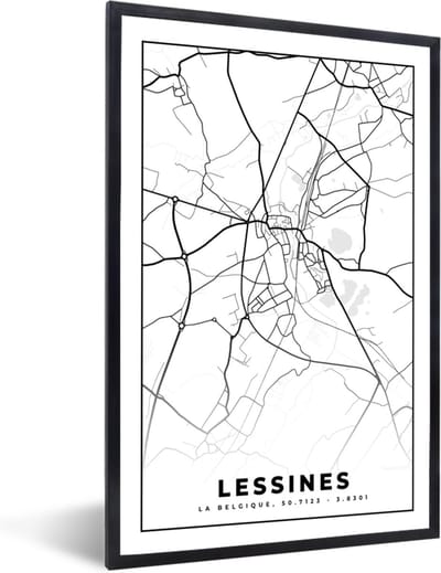 Fotolijst incl. Poster Zwart Wit- Stadskaart – Zwart Wit - Kaart – Lessines – België – Plattegrond - 40x60 cm - Posterlijst