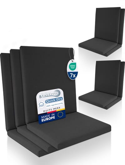 Beautissu QD-NL – Set van 7 Premium Tuinstoelkussens Lage Rug 105x48 cm – 100% Waterdicht – Weerbestendig – Sneldrogend – UV-bestendig – Antraciet
