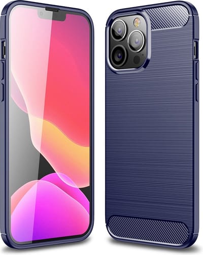 MobyDefend Hoesje - Geschikt voor iPhone 13 Pro Max - TPU Backcover - Geborstelde Metaal & Carbon-Look - Navy Blauw
