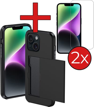 Hoesje Geschikt voor iPhone 14 Hoesje Met Pasjeshouder Hard Case Met Kaarthouder Met 2x Screenprotector - Hoes Geschikt voor iPhone 14 Hoesje Pashouder Case - Zwart