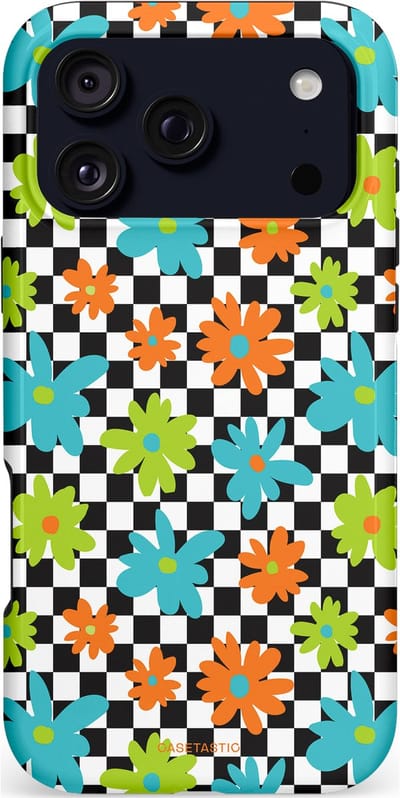 Casetastic hoesje geschikt voor Apple iPhone 17 Pro Max - MagSafe - Dubbellaagse bescherming - Retro Bloem Power - Fashion Case - Zwart Turquoise Grijs Wit