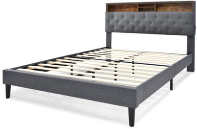 Gotagee Gestoffeerd bed 140x200 cm Tweepersoonsbed Met opbergruimte en LED verlichting Met lattenbodem Hout Grijs Zonder matras