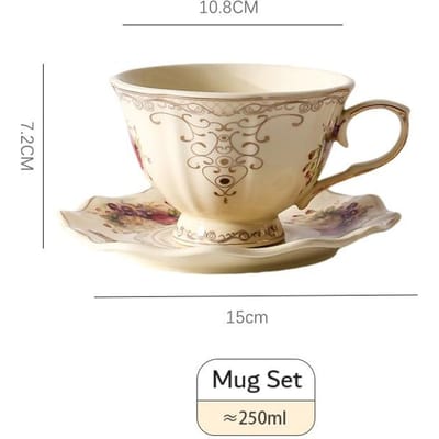 250ml 8oz Britse Bloemen Koffiekop en Schotel Luxe Goudgerande Keramische Mok en Onderzetter Vintage Bloem Theekop Set 1 Stuk 301-400ml beige