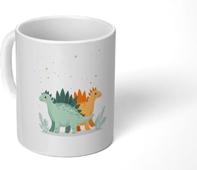 Mok - Koffiemok - Planten - Sterren - Dinosaurussen - Oranje - Mokken - 350 ML - Beker - Koffiemokken - Theemok