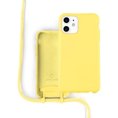 Coverzs Silicone case met koord - Telefoonhoesje met koord - Backcover hoesje met koord - touwtje - geschikt voor Apple iPhone 12 / 12 Pro - Geel