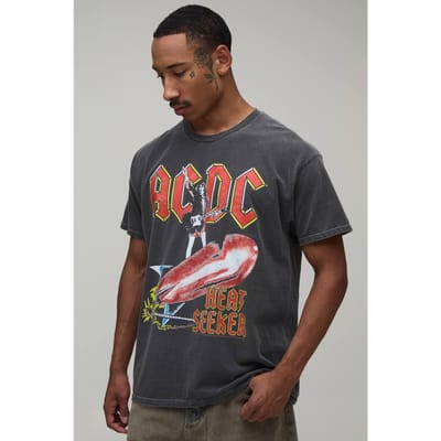 Oversized Gewassen Acdc Licentie Print T-shirt | Washed Charcoal | Size Large