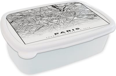 Broodtrommel Wit - Lunchbox - Brooddoos - Kaart - Paris - Plattegrond - Parijs - Frankrijk - Stadskaart - Zwart wit - 18x12x6 cm - Volwassenen