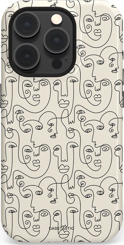 Casetastic hoesje geschikt voor Apple iPhone 15 Pro - MagSafe - Dubbellaagse bescherming - Art Deco Creme Abstractie Lijntekening Gezichten - Fashion Case - Zilver Crème Wit
