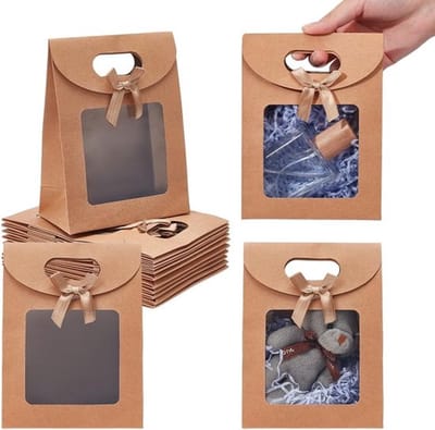 24 Witte Kraft Papieren Tassen met Handvatten, 12 x 6 x 15.8 cm, Cadeautassen met Transparant Venster voor Cookies, Bruiloft, Kerst en Feestjes