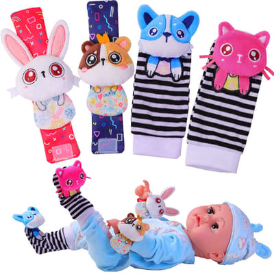 Jumalu Baby Rammelaar Set - Sokjes en Rammelaar Armbanden - 4-delig rammelaar set - sokken - voor de allerkleinste - pols- en Voetrammelaar set - 0 t/m 24 maanden - Cartoon Dier