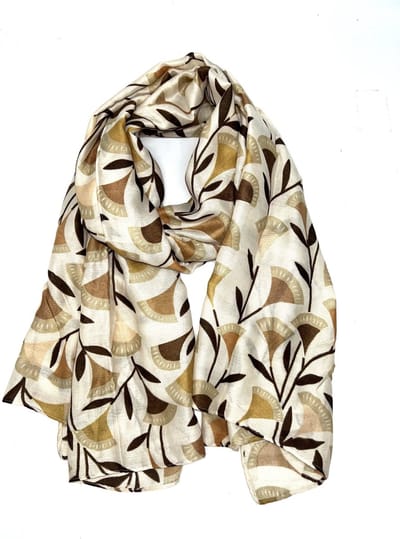 Lange dames sjaal Amorina fantasiemotief beige donker bruin goud abrikoos tanny koper bruin