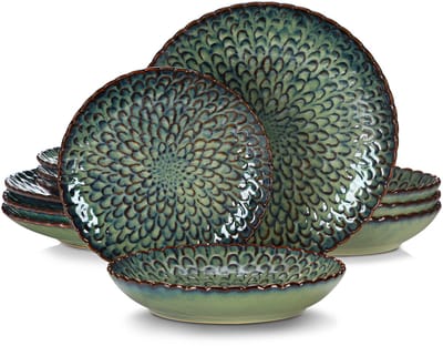 Allero Serviesset - Serviesset 8 Persoons - Groen - Bordenset - Porselein - Serviessets - Rond - Soepkom - Dinerbord - Ontbijtbord