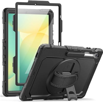 Hoes met ingebouwde Screenprotector Geschikt voor Samsung Galaxy Tab S10 FE Plus | Inclusief 360° Draaibare Handriem en Schouderriem | Extreme bescherming | Ideaal voor zakelijk gebruik | Zwart