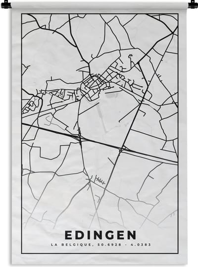 Wandkleed - Wanddoek - België – Edingen – Stadskaart – Kaart – Zwart Wit – Plattegrond - 120x180 cm - Wandtapijt
