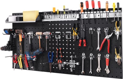 COSTWAY Gereedschapswand, gatenwand met 3 steekborden en 28-delige hangende accessoires, gereedschapswand met vierkante ophanggaten voor garage, werkplaats (zwart)