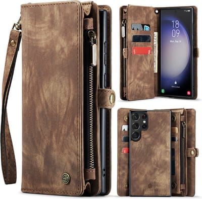 Geschikt Voor Samsung Galaxy S23 Ultra Hoesje - Solidenz Wallet Case S23 Ultra - Telefoonhoesje S23 Ultra - S23 Ultra Case Met Pasjeshouder - Met Ritsvak - Met Polskoord - Portemonee Hoes - Bruin