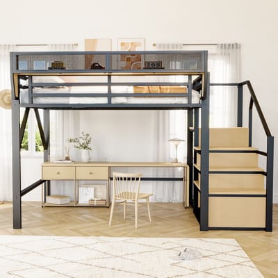 VVBV Stapelbed 140x200 cm met Voor Volwassenen, Voor Kinderen/Tieners - Veiligheidstrap, Opbergruimte - Metaal Zwart