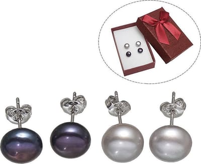 Zoetwater parel oorbellen cadeau set Dea-Gea - echte parels - grijs - zwart - cadeauverpakking - parel oorknopjes - zoetwaterparel