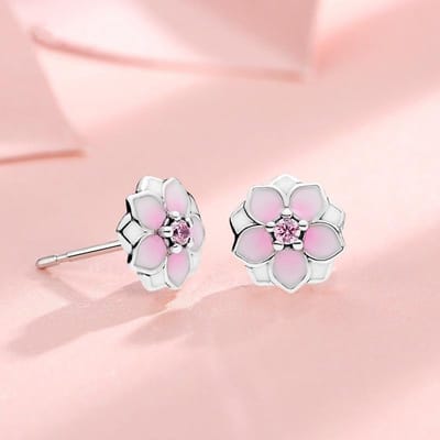Mode Feest Dubbele Oorbellen Schattige Boho Vrouwelijke Kleine Roze Bloem Oorbellen 100% Echt Sterling Zilveren Stud Oorbellen Voor Vrouwen Cadeau white