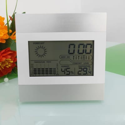 Elektronische Meteorologische Klok Binnentemperatuurmeting Tafelklok Weersvoorspellingsklok Temperatuur en Vochtigheid Aluminium Oppervlakteklok gray
